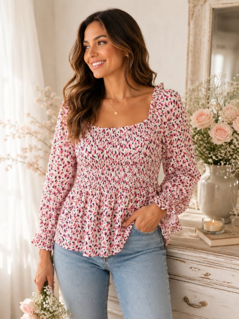 JODIFL Floral Smocked Peplum Blouse Square Neck Long Sleeve M